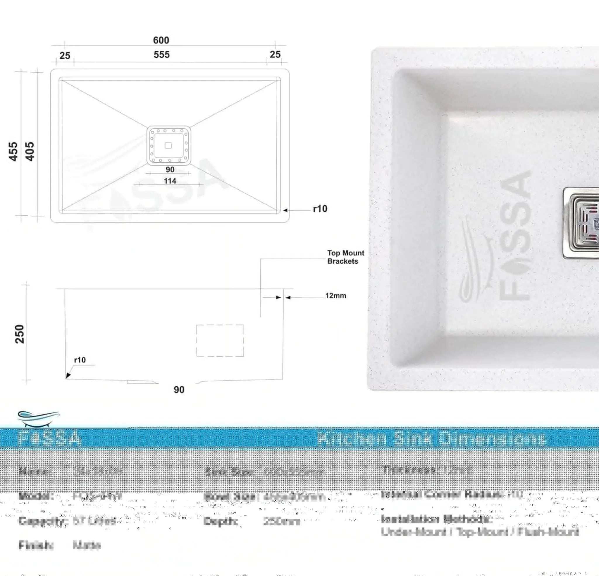 Fossa 24"x18"x09" inch Quartz Single Bowl Kitchen Sink Super Strong ( Greystone White ) Fossa Home