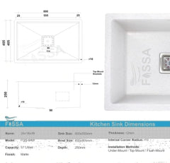 Fossa 24"x18"x09" inch Quartz Single Bowl Kitchen Sink Super Strong ( Greystone White ) Fossa Home