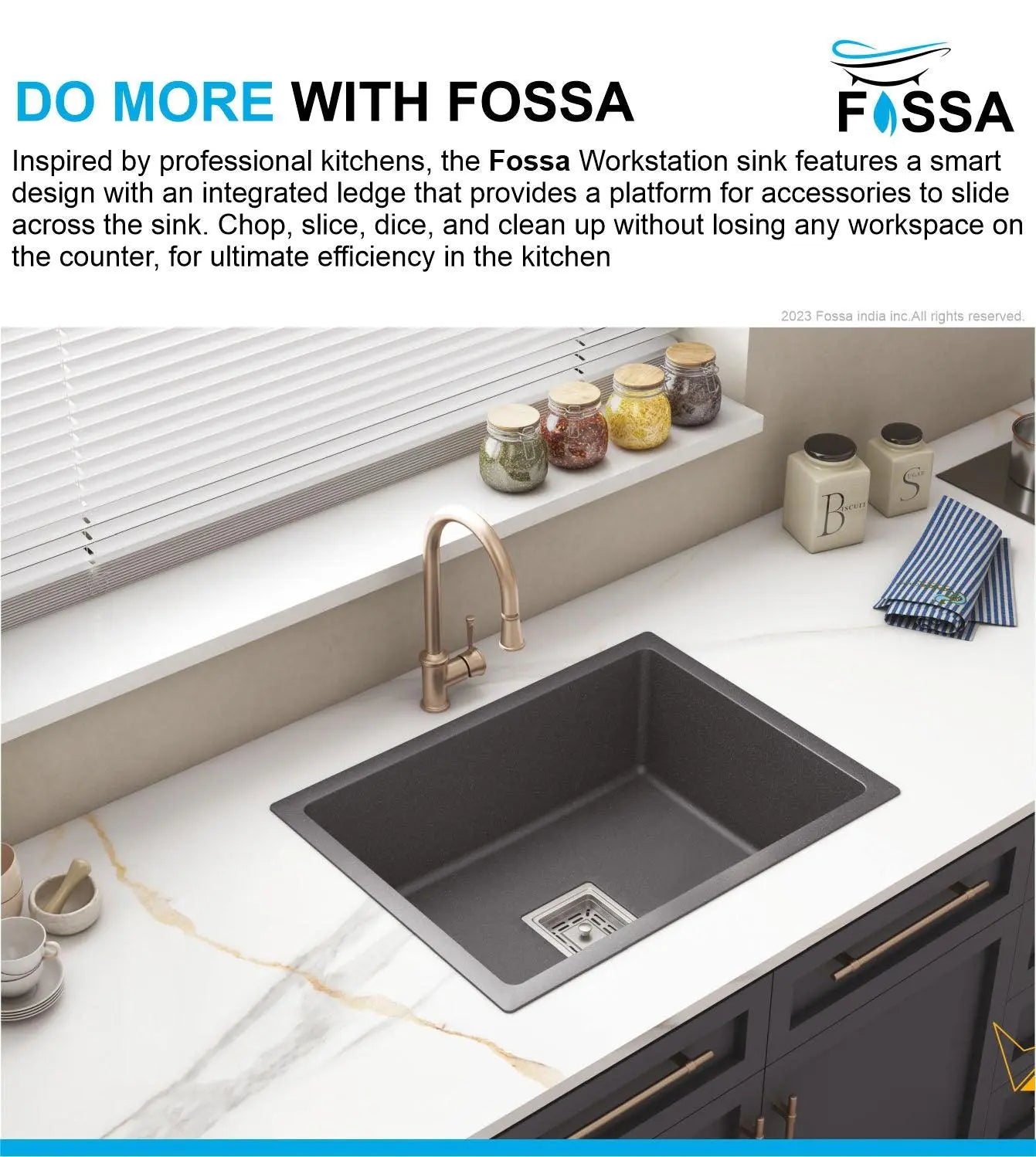 Fossa 24"x18"x09" inch Single Bowl Quartz Kitchen Sink ( Black Stone ) Fossa Home