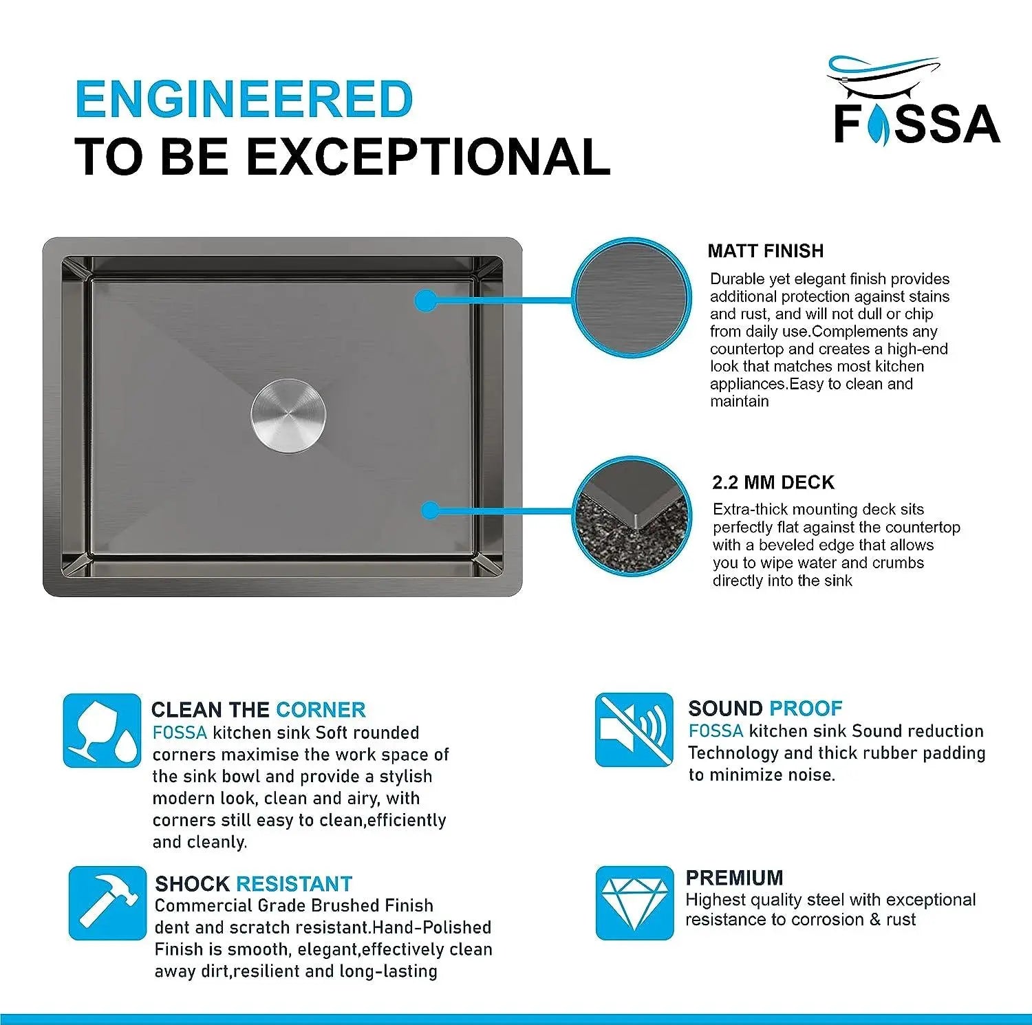 Fossa 24"x18"x10" Inch Single Bowl 304 Grade Stainless Steel Handmade Kitchen Sink Round Coupling Matte Finish FHS-04R Black Fossa Home