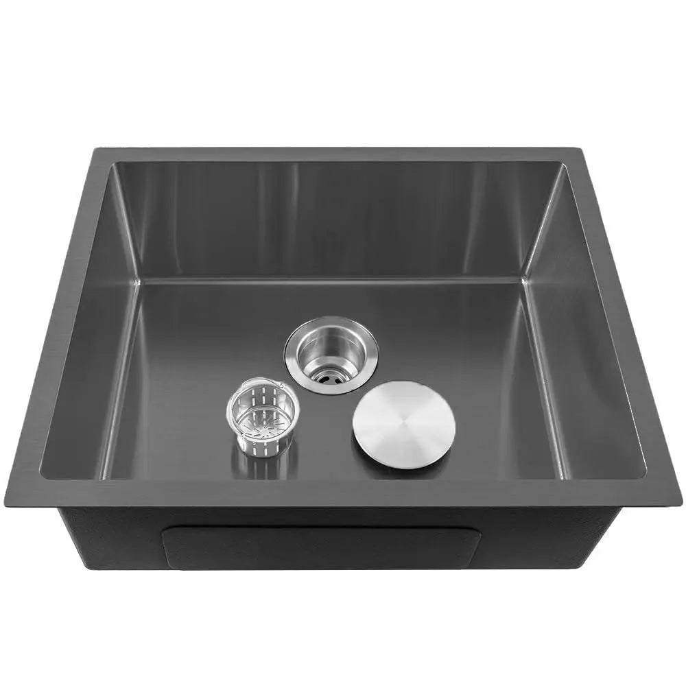 Fossa 24"x18"x10" Inch Single Bowl 304 Grade Stainless Steel Handmade Kitchen Sink Round Coupling Matte Finish FHS-04R Black Fossa Home