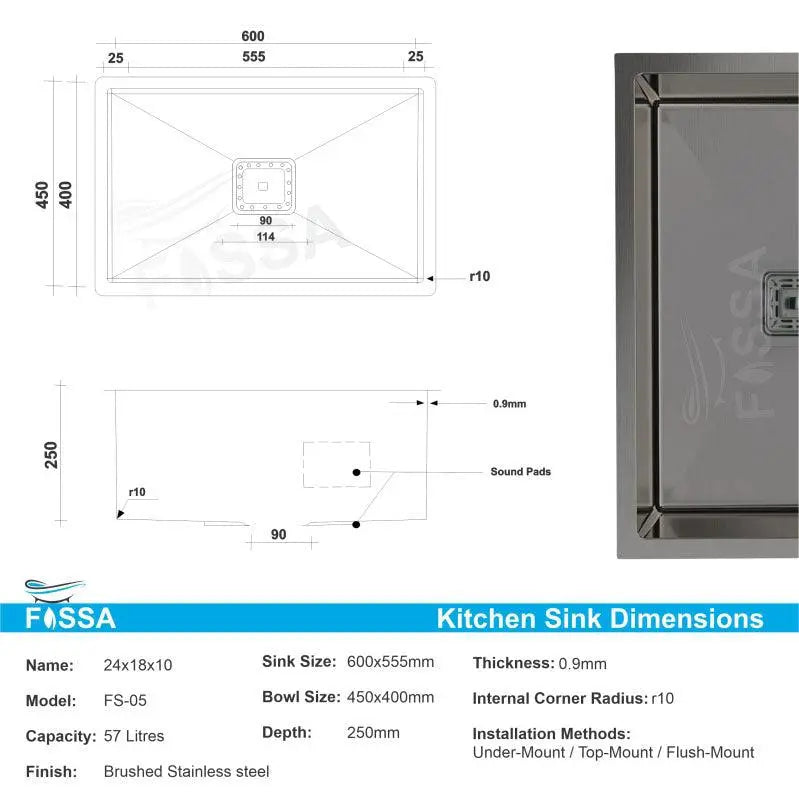 Fossa 24"x18"x10" Inch Single Bowl Premium Stainless Steel Handmade Kitchen Sink Black Fossa Home