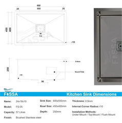Fossa 24"x18"x10" Inch Single Bowl Premium Stainless Steel Handmade Kitchen Sink Black Fossa Home