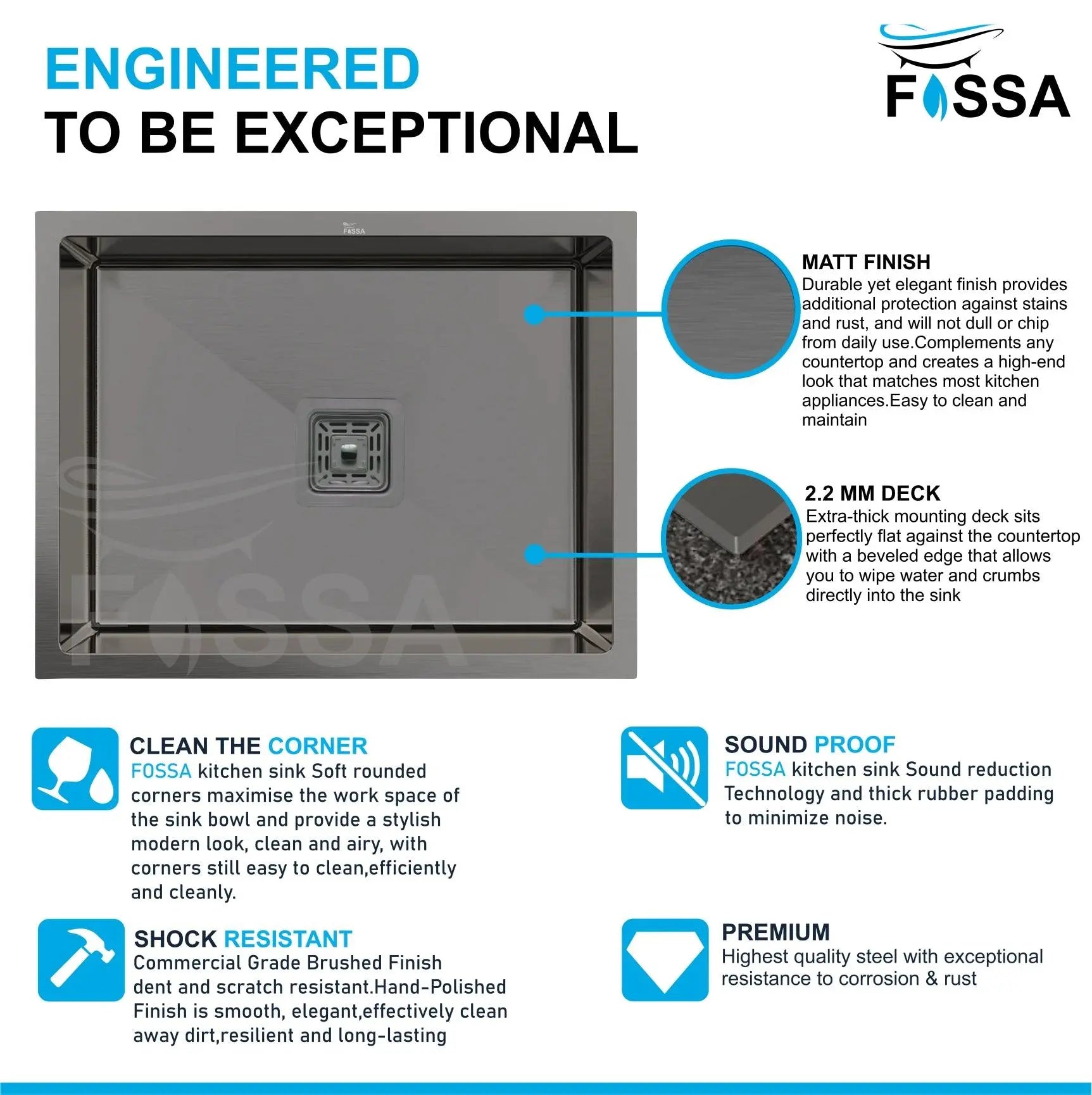 Fossa 24"x18"x10" Inch Single Bowl Premium Stainless Steel Handmade Kitchen Sink Black Fossa Home