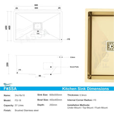 Fossa 24"x18"x10" Inch Single Bowl Premium Stainless Steel Handmade Kitchen Sink Gold Fossa Home
