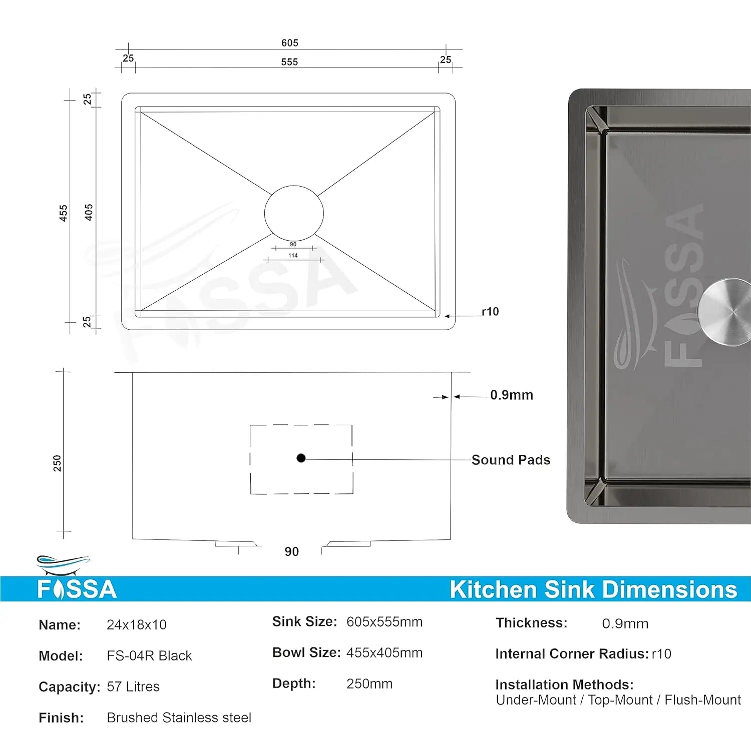Fossa 24"x18"x10" Inch Single Bowl Premium Stainless Steel Handmade Kitchen Sink Round Coupling Matte Finish FS-04R Black Fossa Home