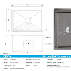 Fossa 24"x18"x10" Inch Single Bowl Premium Stainless Steel Handmade Kitchen Sink Round Coupling Matte Finish FS-04R Black Fossa Home