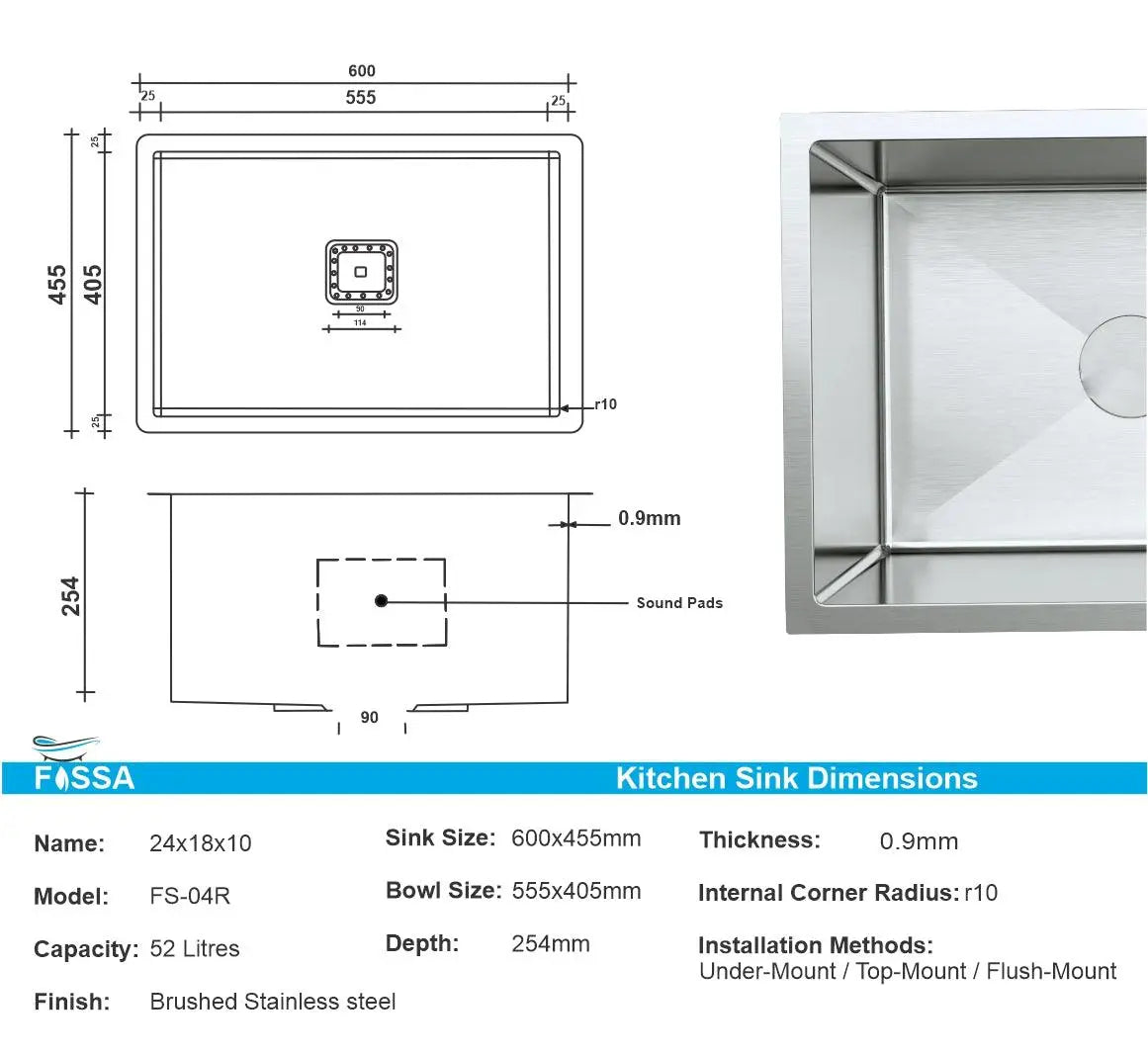 Fossa 24"x18"x10" Inch Single Bowl Premium Stainless Steel Handmade Kitchen Sink Round Coupling Silver Fossa Home