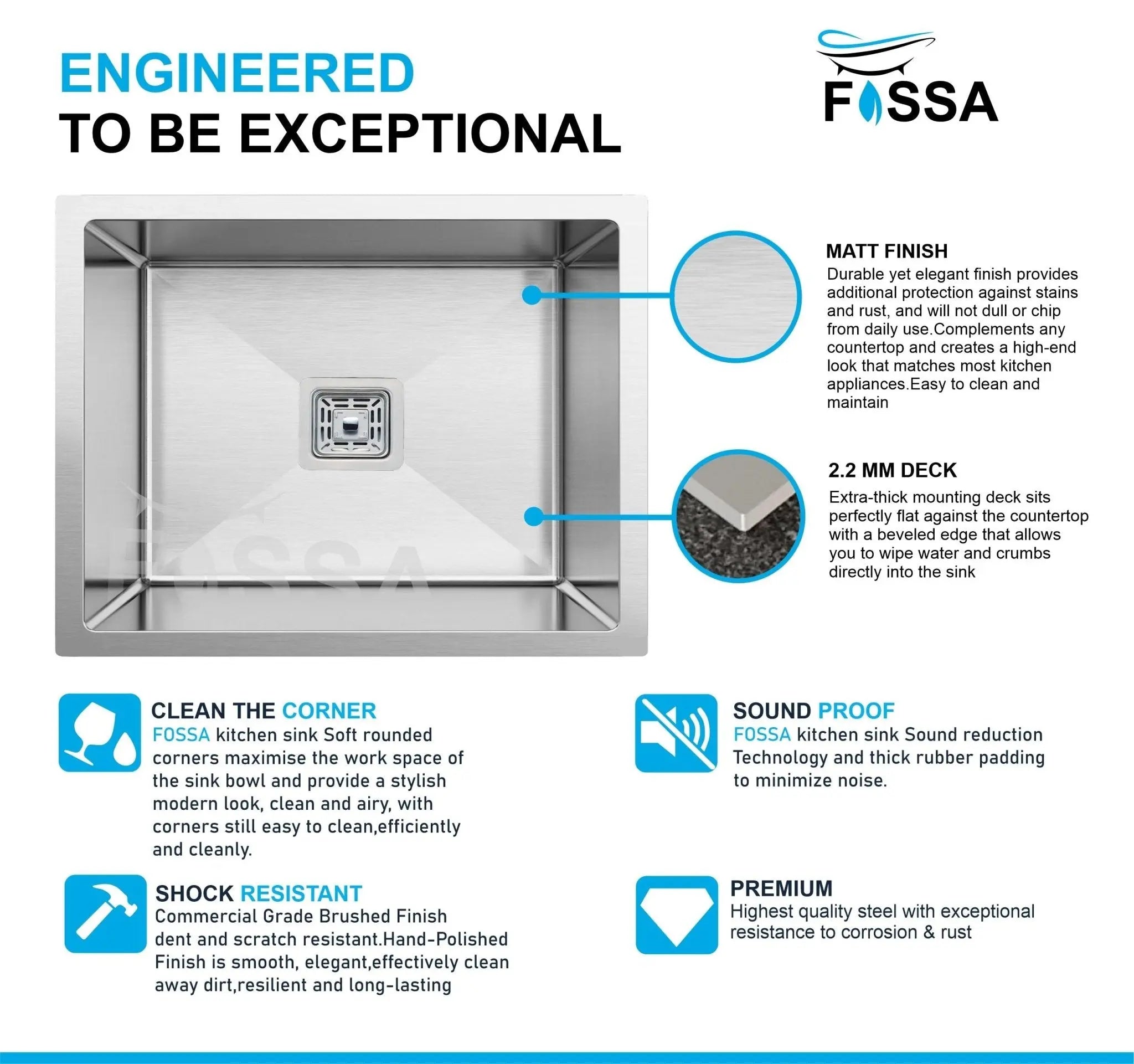 Fossa 24"x18"x10" Inch Single Bowl Premium Stainless Steel Handmade Kitchen Sink Silver Fossa Home