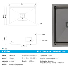 Fossa 24"x18"x10" Inch Single Bowl SS-304 Grade Stainless Steel Handmade Kitchen Sink Black Fossa Home