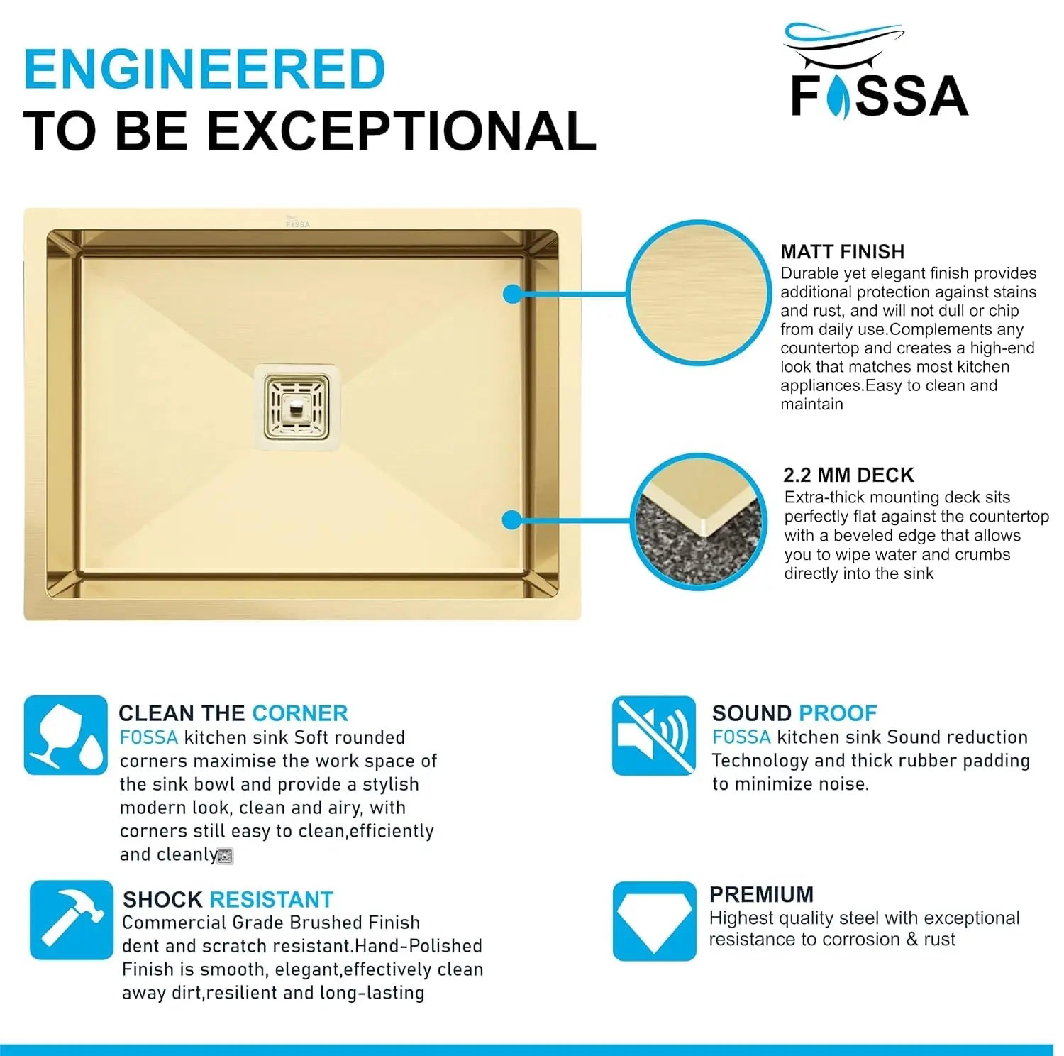 Fossa 24"x18"x10" Inch Single Bowl SS-304 Grade Stainless Steel Handmade Kitchen Sink Gold Fossa Home