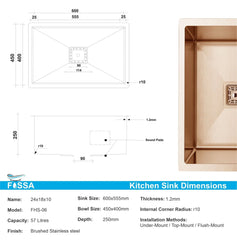 Fossa 24"x18"x10" Inch Single Bowl SS-304 Grade Stainless Steel Handmade Kitchen Sink Rose Gold Fossa Home