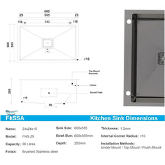Fossa 24"x18"x10" Inch Single Bowl With Side Tap Hole SS-304 grade Handmade Kitchen Sink Black Fossa Home