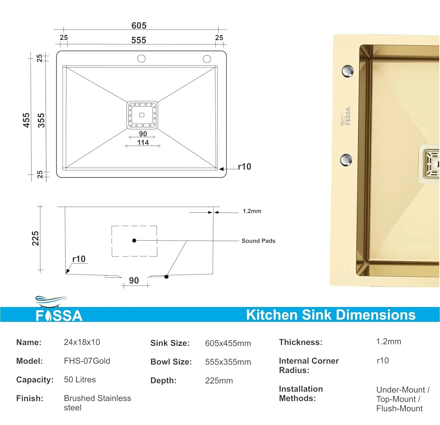 Fossa 24"x18"x10" Inch Single Bowl With Tap Hole 304 Grade Stainless Steel Handmade Kitchen Sink (Matte Finish) Gold Fossa Home