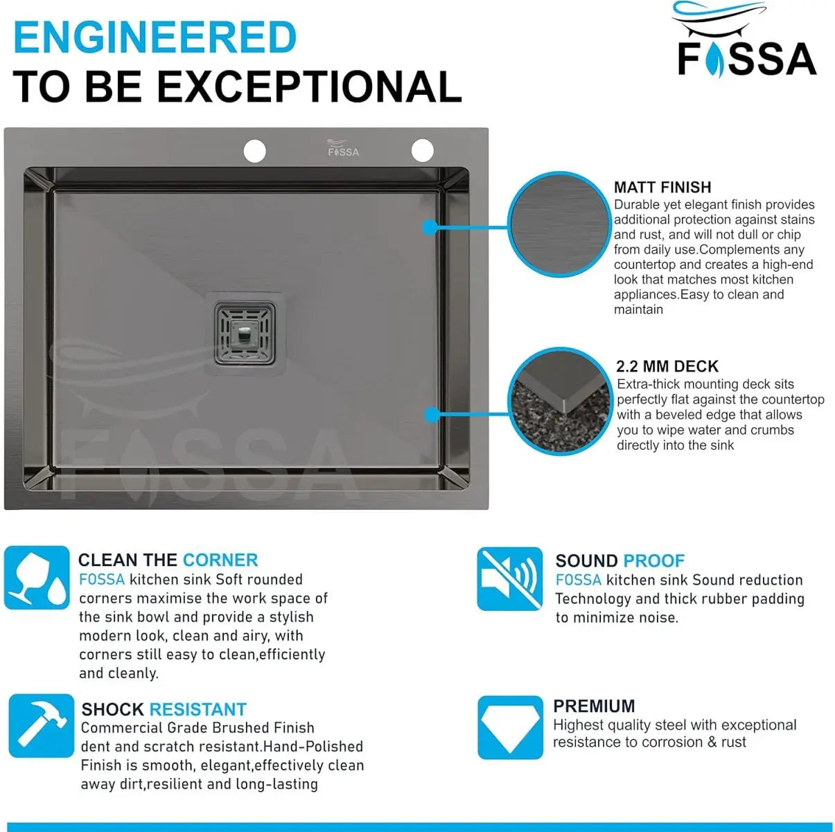 Fossa 24"x18"x10" Inch Single Bowl With Tap Hole Premium Handmade Kitchen Sink Black Fossa Home