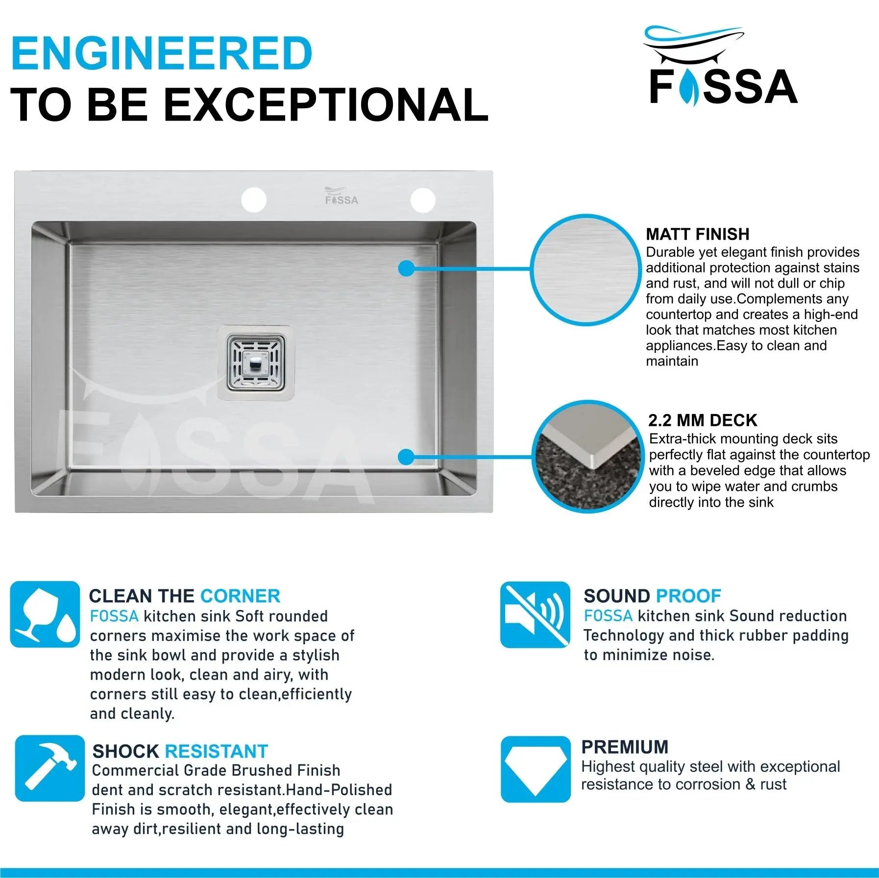 Fossa 24"x18"x10" Inch Single Bowl With Tap Hole Premium Handmade Kitchen Sink Silver Fossa Home