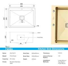 Fossa 24"x18"x10" Inch Single Bowl With Tap Hole Premium Stainless Steel Handmade Kitchen Sink (Matte Finish) Gold Fossa Home