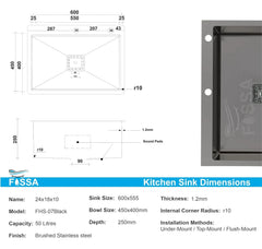 Fossa 24"x18"x10" Inch Single Bowl With Tap Hole SS-304 Grade Handmade Kitchen Sink Black Fossa Home