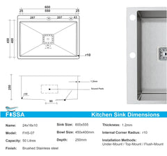 Fossa 24"x18"x10" Inch Single Bowl With Tap Hole SS-304 Grade Handmade Kitchen Sink Silver Fossa Home