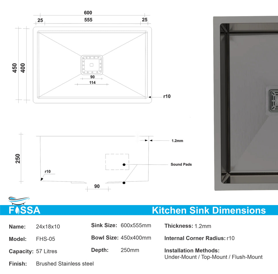 Fossa 24"x18"x10" Single Bowl SS-304 Grade Stainless Steel Handmade Kitchen Sink Black Fossa Home