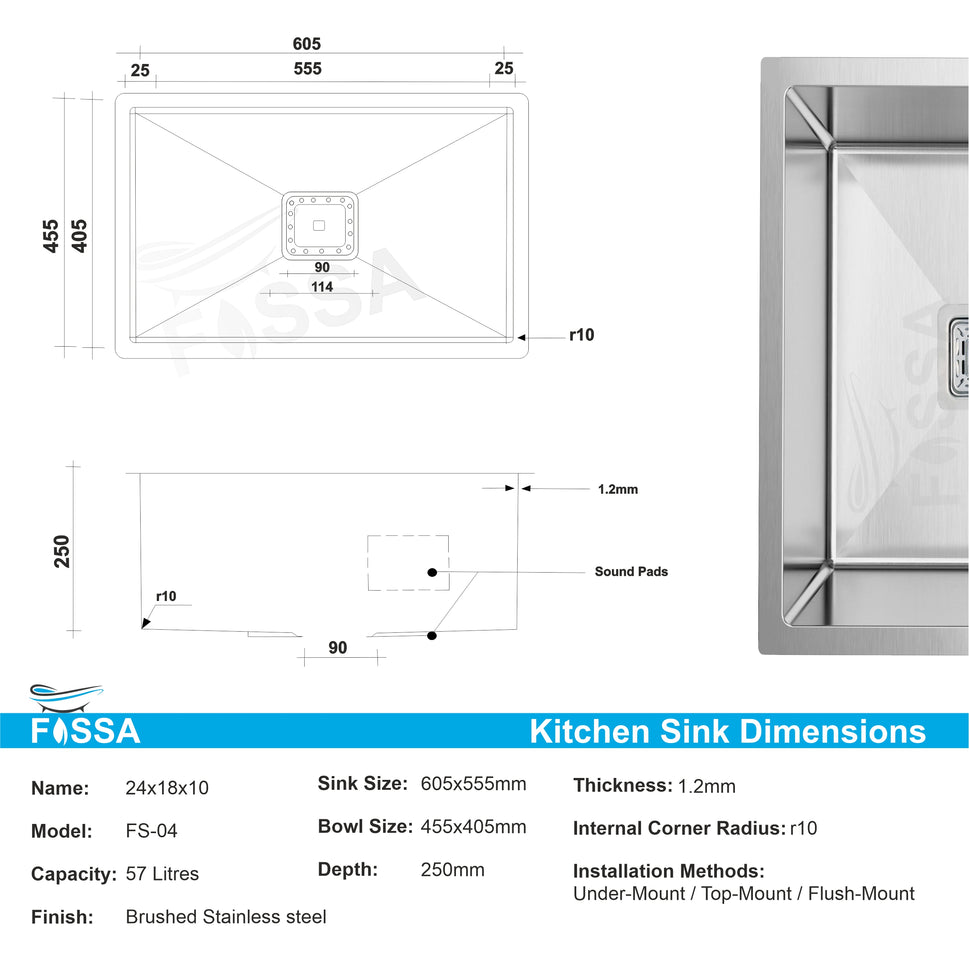 Fossa 24"x18"x10" Single Bowl SS-304 Grade Stainless Steel Handmade Kitchen Sink Silver Fossa Home
