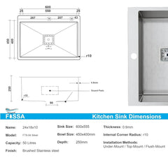 Fossa 24"x18"x10" Single Bowl with Tap Hole Premium Stainless Steel Handmade Kitchen Sink Matte Finish Silver Fossa Home