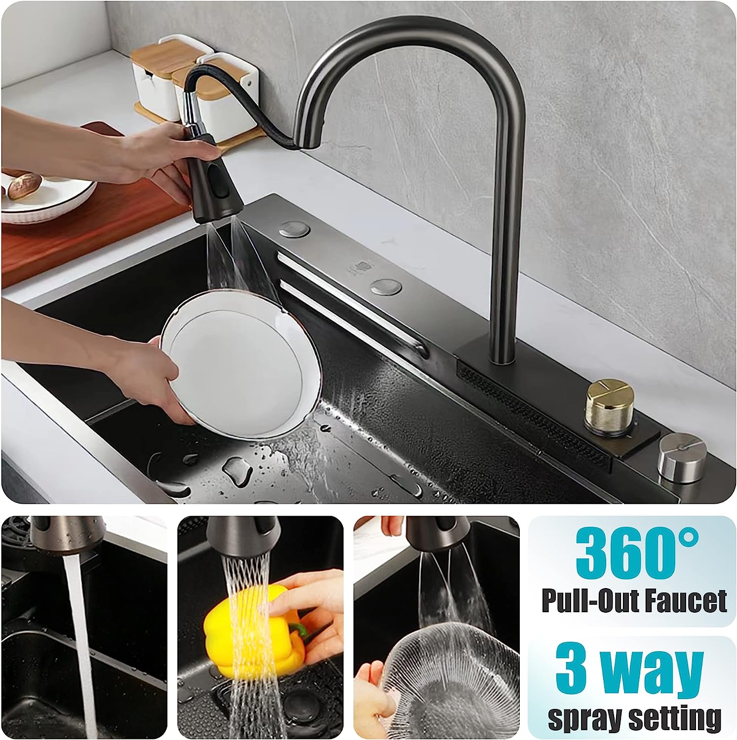 Fossa 24x18x10 Waterfall Premium Nano Kitchen Sink with Integrated Pull Out Mixer Faucet & Complete Set Fossa Home