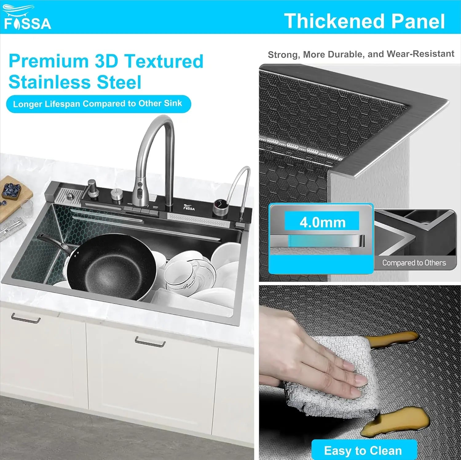 Fossa 27"x18"X09" Inch Piano 304 Grade Waterfall Stainless Steel Sink with LED Pannel and Touchscreen Digital Display - Nano Black Finish with All Accessories Fossa Home
