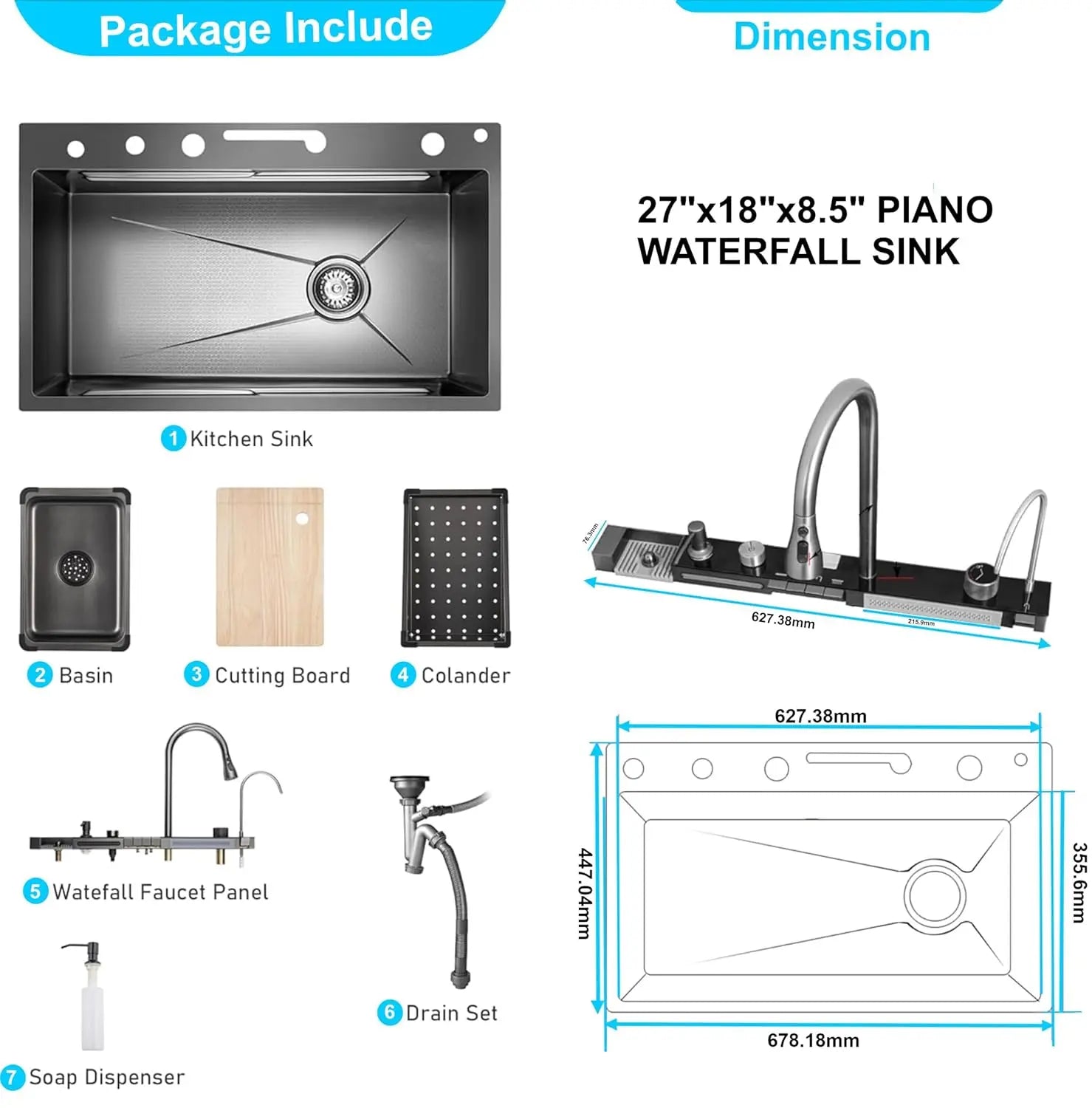 Fossa 27"x18"X09" Inch Piano 304 Grade Waterfall Stainless Steel Sink with LED Pannel and Touchscreen Digital Display - Nano Black Finish with All Accessories Fossa Home