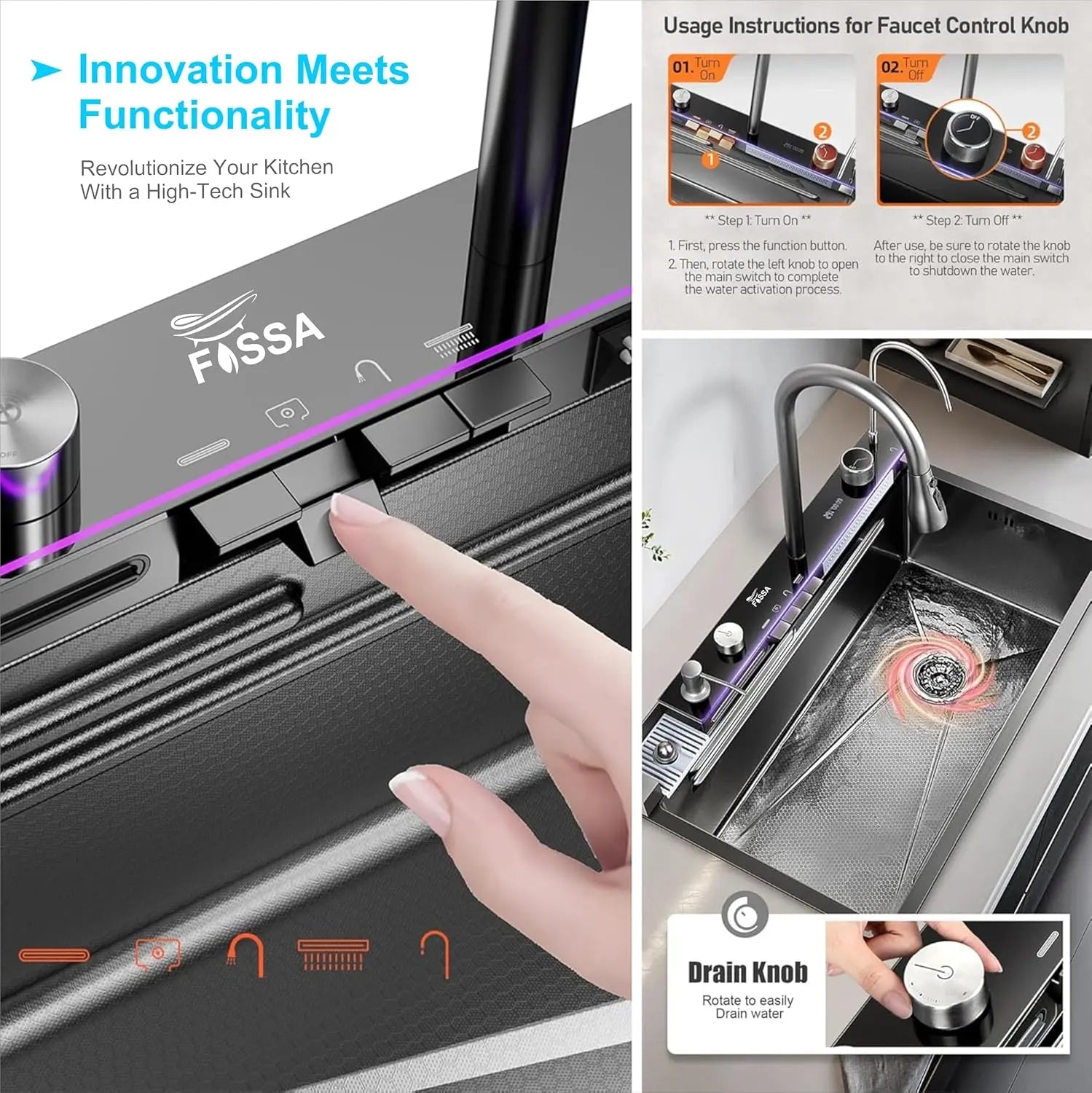 Fossa 27"x18"X09" Inch Piano Premium Waterfall Stainless Steel Sink with LED Pannel and Touchscreen Digital Display - Nano Black Finish with All Accessories Fossa Home