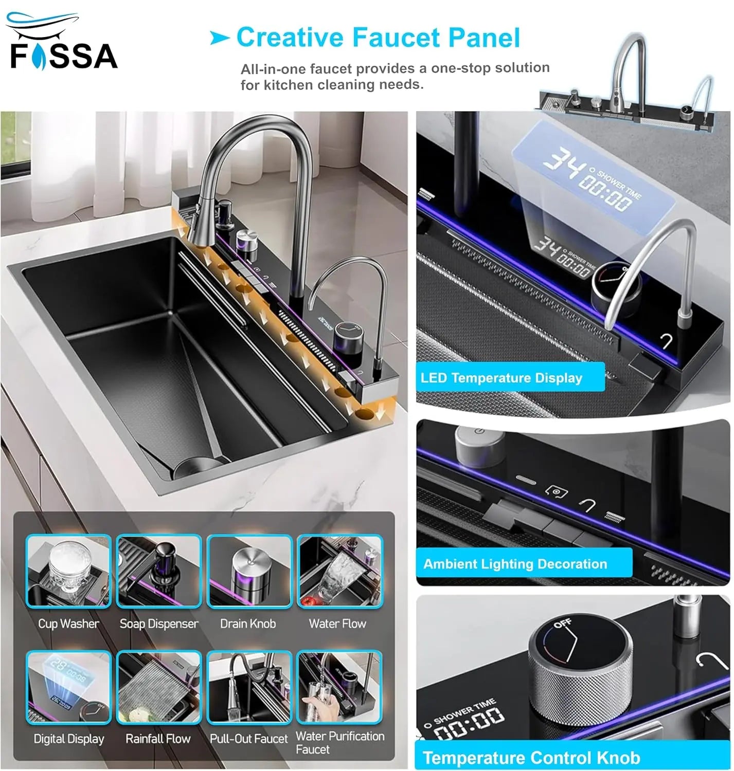 Fossa 27"x18"X09" Inch Piano Premium Waterfall Stainless Steel Sink with LED Pannel and Touchscreen Digital Display - Nano Black Finish with All Accessories Fossa Home