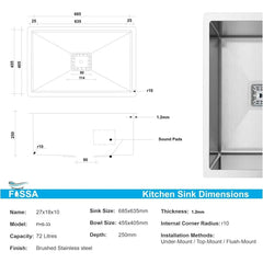 Fossa 27"x18"x10" Inch Single Bowl 304 Grade Stainless Steel Handmade Kitchen Sink Fossa Home