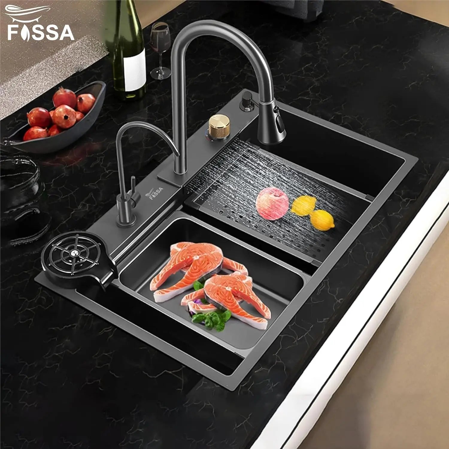 Fossa 27"x18"x10" inch Single Bowl Premium Waterfall Kitchen Sink Honeycomb Embossed Sink with White Nano Coating, Stainless Steel, Rectangular Workstation, faucet With all Accessories. Fossa Home