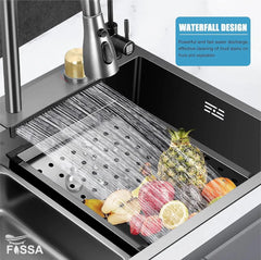 Fossa 27"x18"x10" inch Single Bowl Premium Waterfall Kitchen Sink Honeycomb Embossed Sink with White Nano Coating, Stainless Steel, Rectangular Workstation, faucet With all Accessories. Fossa Home