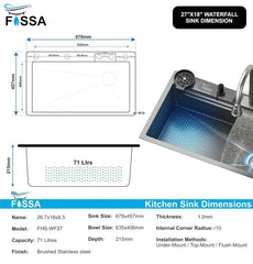 Fossa 27"x18"x10" inch Single Bowl Waterfall Kitchen Sink SS-304 grade Honeycomb Embossed Sink with White Nano Coating, Stainless Steel, Rectangular Workstation, faucet With all Accessories. Fossa Home