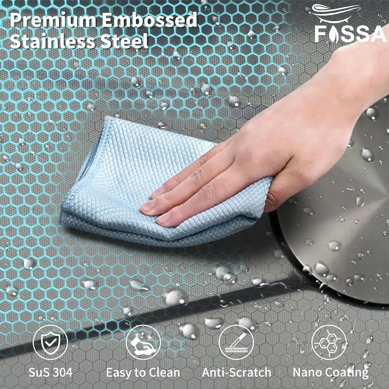 Fossa 27"x18"x10" inch Single Bowl Waterfall Kitchen Sink SS-304 grade Honeycomb Embossed Sink with White Nano Coating, Stainless Steel, Rectangular Workstation, faucet With all Accessories. Fossa Home