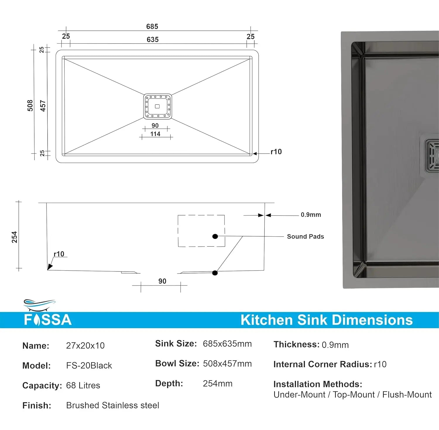 Fossa 27"x20"x10" Inch Single Bowl Premium Stainless Steel Handmade Kitchen Sink Black Fossa Home
