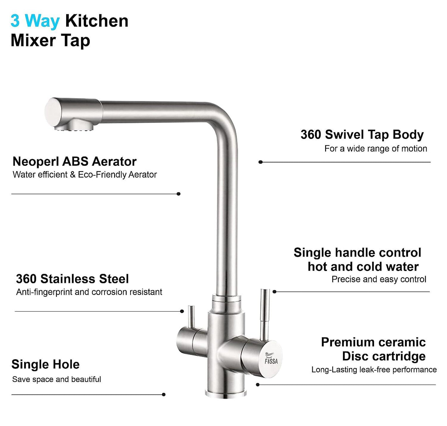 Fossa 3 Way Kitchen Mixer Taps with Drinking Water Filter Tap, Solid Stainless Steel Dual Handle Cold and Hot Water Kitchen Mixer - Fossa Home 