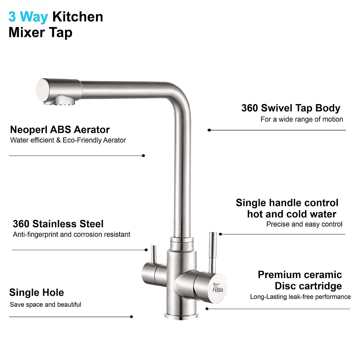 Fossa 3 Way Kitchen Mixer Taps with Drinking Water Filter Tap, Solid Stainless Steel Dual Handle Cold and Hot Water Kitchen Mixer - Fossa Home 