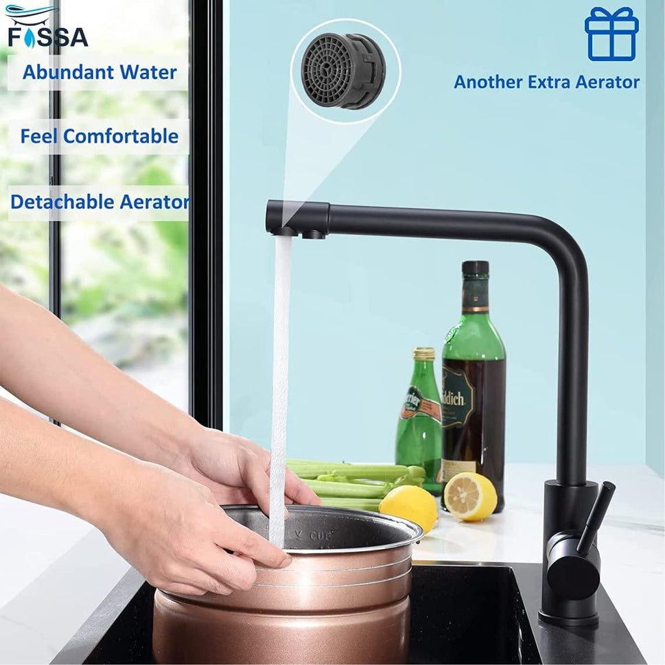 Fossa Pure 3-Way Kitchen Tap, 360° Swivel, Kitchen Mixer Tap for, 3-in-1 High Pressure Tap, Drinking Tap with 2 Levers, Brushed Stainless Steel - Fossa Home 