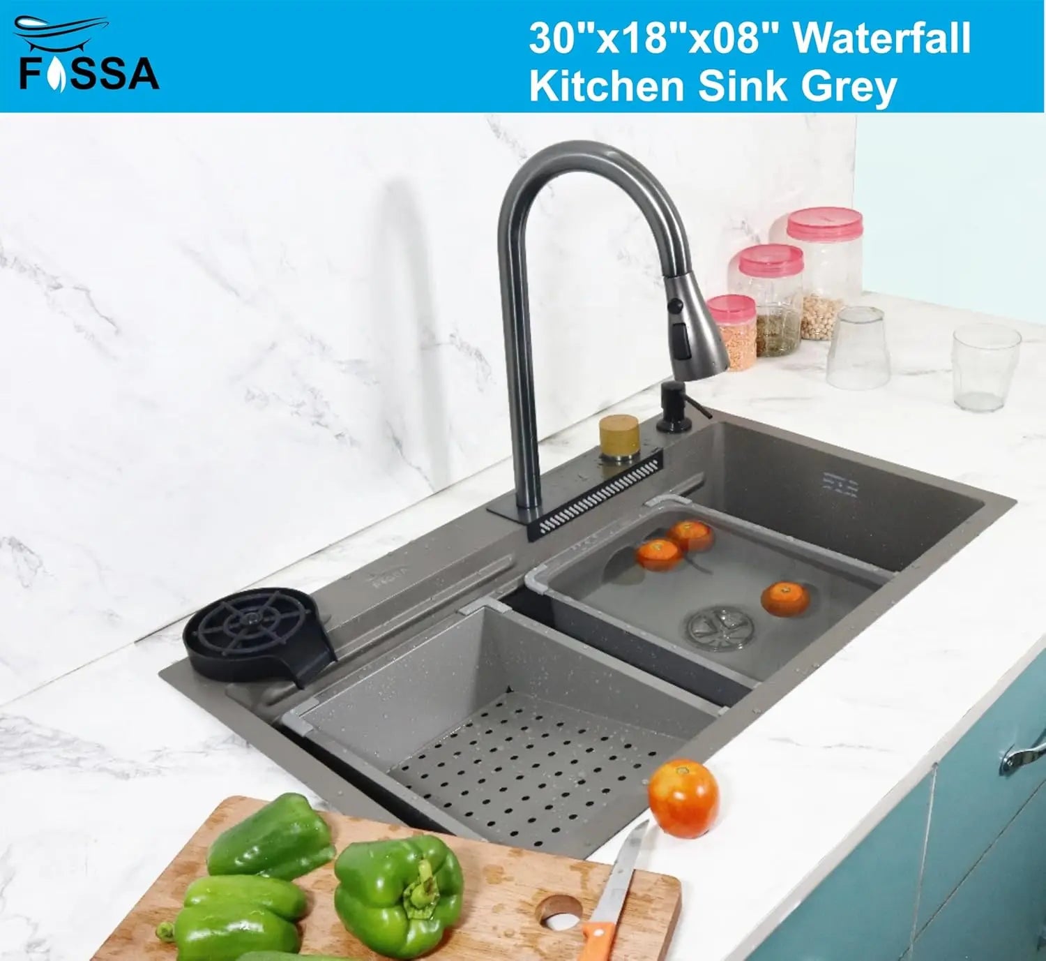 Fossa 30"x18"x09" Single Bowl 304 Grade Waterfall Kitchen Sink Honeycomb Embossed Sink with Black Nano Coating, Stainless Steel, Rectangular Workstation, Faucet with Included All Accessories. (Grey) Fossa Home