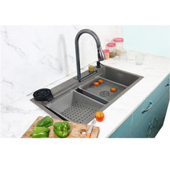 Fossa 30"x18"x09" Single Bowl 304 Grade Waterfall Kitchen Sink Honeycomb Embossed Sink with Black Nano Coating, Stainless Steel, Rectangular Workstation, Faucet with Included All Accessories. (Grey) Fossa Home