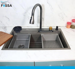 Fossa 30"x18"x09" Single Bowl Premium Waterfall Kitchen Sink Honeycomb Embossed Sink with Black Nano Coating, Stainless Steel, Rectangular Workstation, Faucet with Included All Accessories. (Grey) Fossa Home