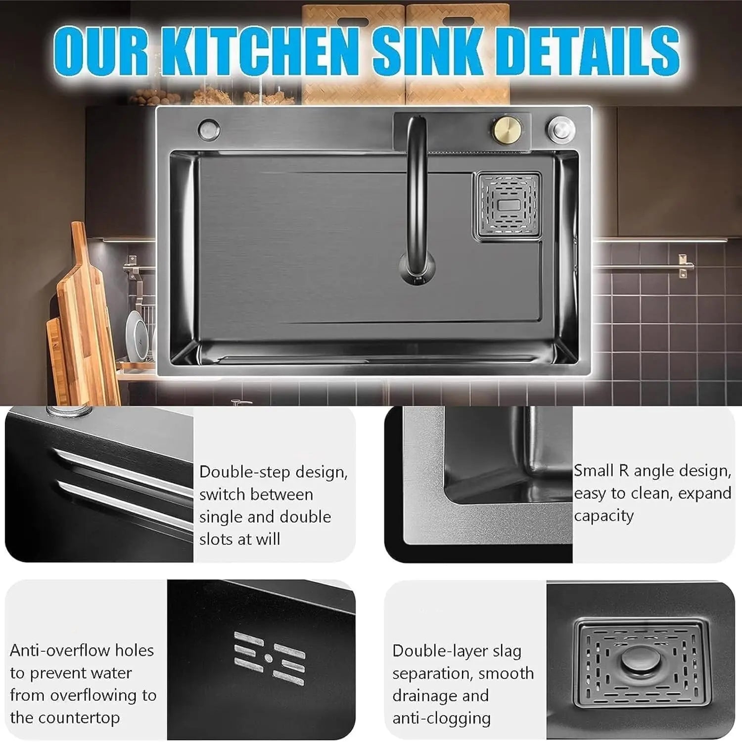 Fossa 30"x18"x09" Single Bowl Premium Waterfall Kitchen Sink Honeycomb Embossed Sink with Black Nano Coating, Stainless Steel, Rectangular Workstation, Faucet with Included All Accessories. (Grey) Fossa Home