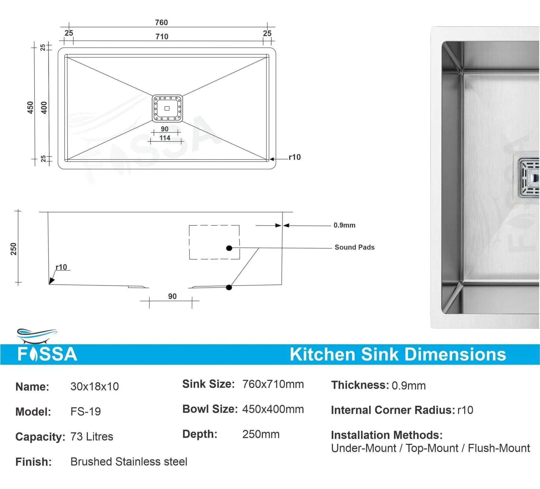 Fossa 30"x18"x10" Inch Single Bowl Premium Stainless Steel Handmade Kitchen Sink Silver Fossa Home