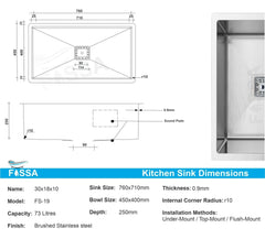 Fossa 30"x18"x10" Inch Single Bowl Premium Stainless Steel Handmade Kitchen Sink Silver Fossa Home