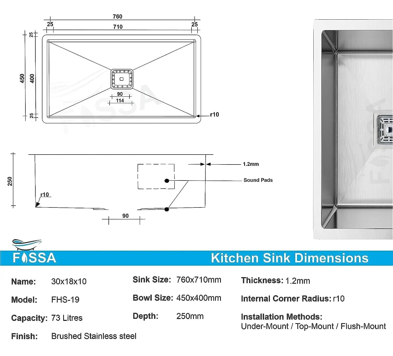 Fossa 30"x18"x10" Inch Single Bowl SS-304 Grade Stainless Steel Handmade Kitchen Sink Silver Fossa Home