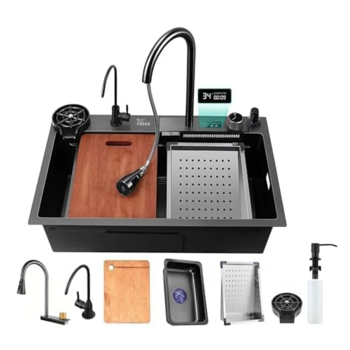 Fossa 30"x18"x10" inch Fully Equipped 304 Grade Kitchen Sink with Integrated Waterfall and Pull-down Faucets -Stainless Steel Sink with LED Pannel and Touchscreen Digital Display - Nano Black Finish with All Accessories Fossa Home