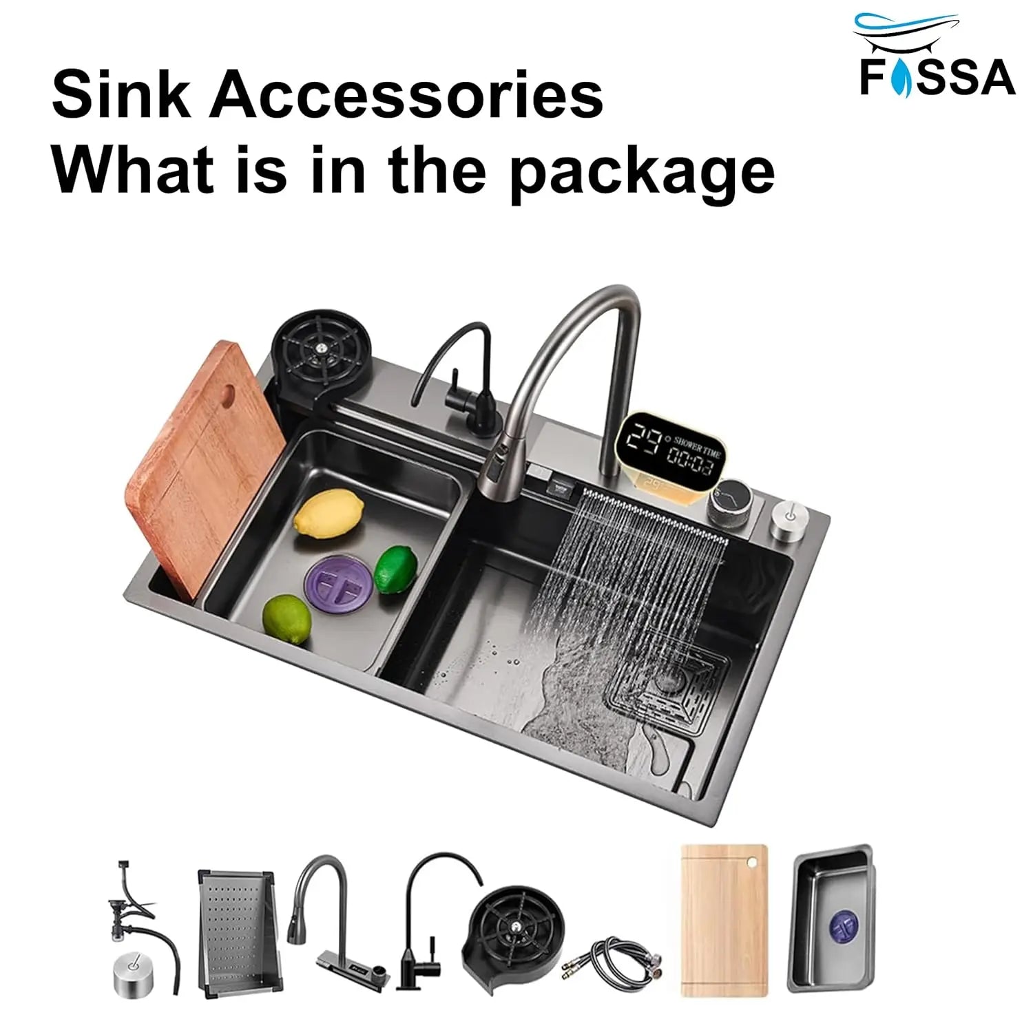 Fossa 30"x18"x10" inch Fully Equipped 304 Grade Kitchen Sink with Integrated Waterfall and Pull-down Faucets -Stainless Steel Sink with LED Pannel and Touchscreen Digital Display - Nano Black Finish with All Accessories Fossa Home