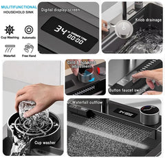 Fossa 30"x18"x10" inch Fully Equipped 304 Grade Kitchen Sink with Integrated Waterfall and Pull-down Faucets -Stainless Steel Sink with LED Pannel and Touchscreen Digital Display - Nano Black Finish with All Accessories Fossa Home